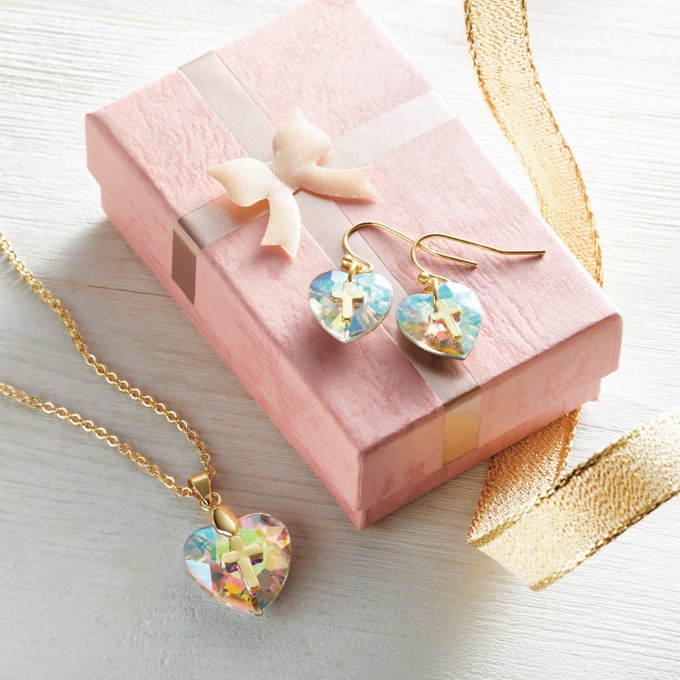 Clear/Goldtone Cross Necklace & Earring Boxed Set, , large