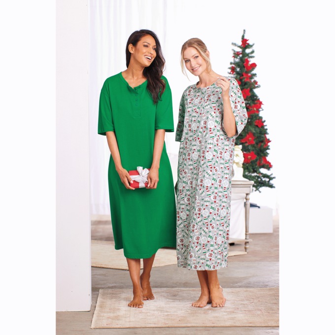 2-Pack Comfort Henley Nightshirt, Green Gray Print, large