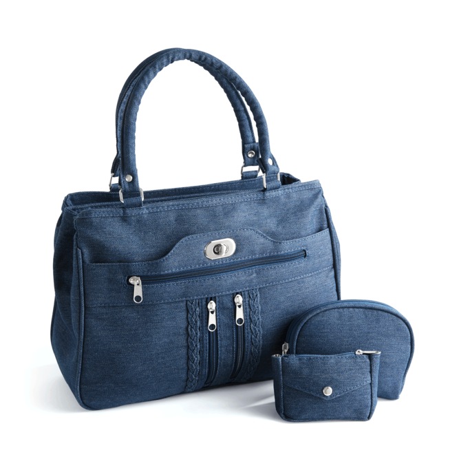 Denim Handbag with Free Coin Purse and Cosmetic Bag, , large