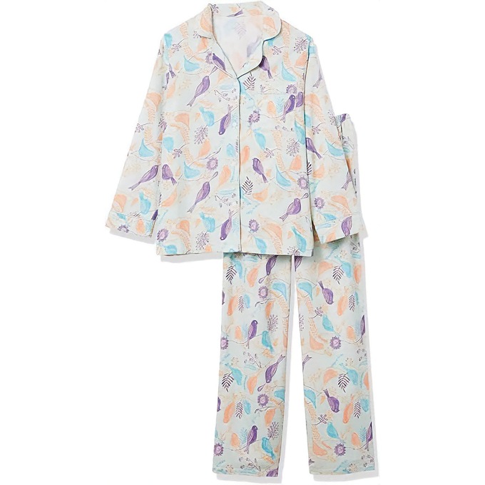 Cozee Corner Printed Flannel Pajamas, Mint Birds, large