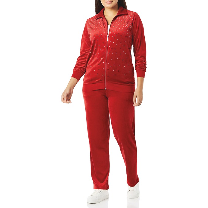 Velour Pant Set with Rhinestones, Red, large