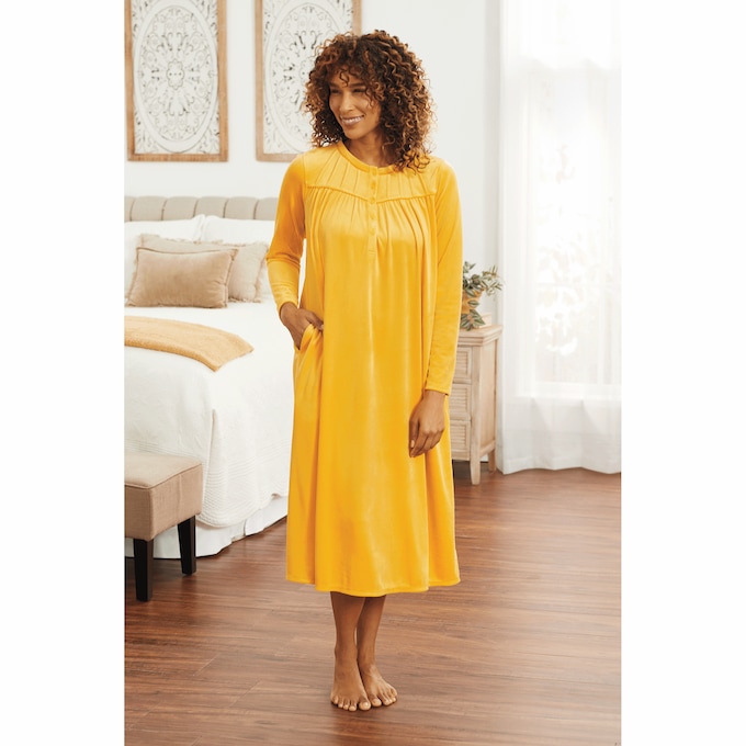 Long-Sleeve Velour Nightgown, , large
