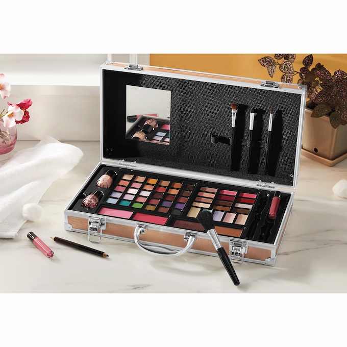 Luxe All-in-One Makeup Train Case with Over 50 Pieces, , large