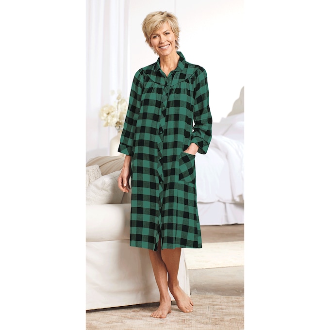 Flannel Snap-Front Duster, Green, large