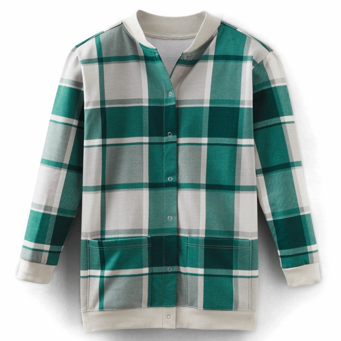 Snap-Front Cardigan, Tonal Plaid Print, large