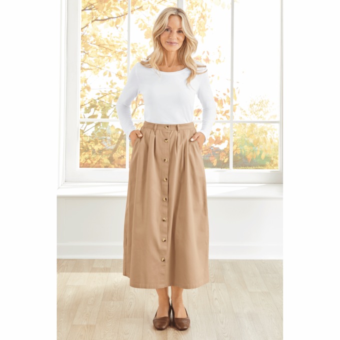 Button-Front Denim Skirt, , large