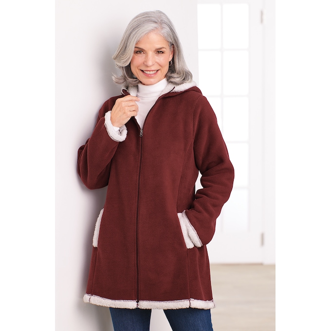 Women's Microfleece Zip-Front Coat with Faux-Sherpa Lining and Hood, , large