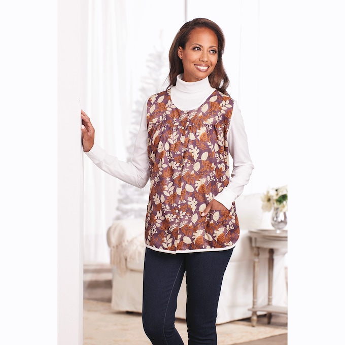 Easy-Care Button-Front Cobbler Apron, Purple Floral, large