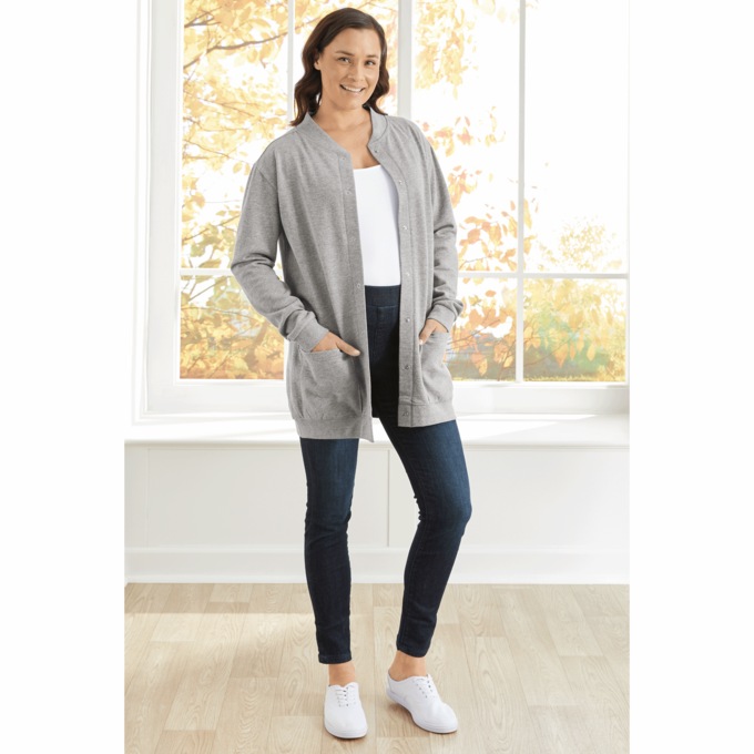 Snap-Front Cardigan, Heather Gray, large