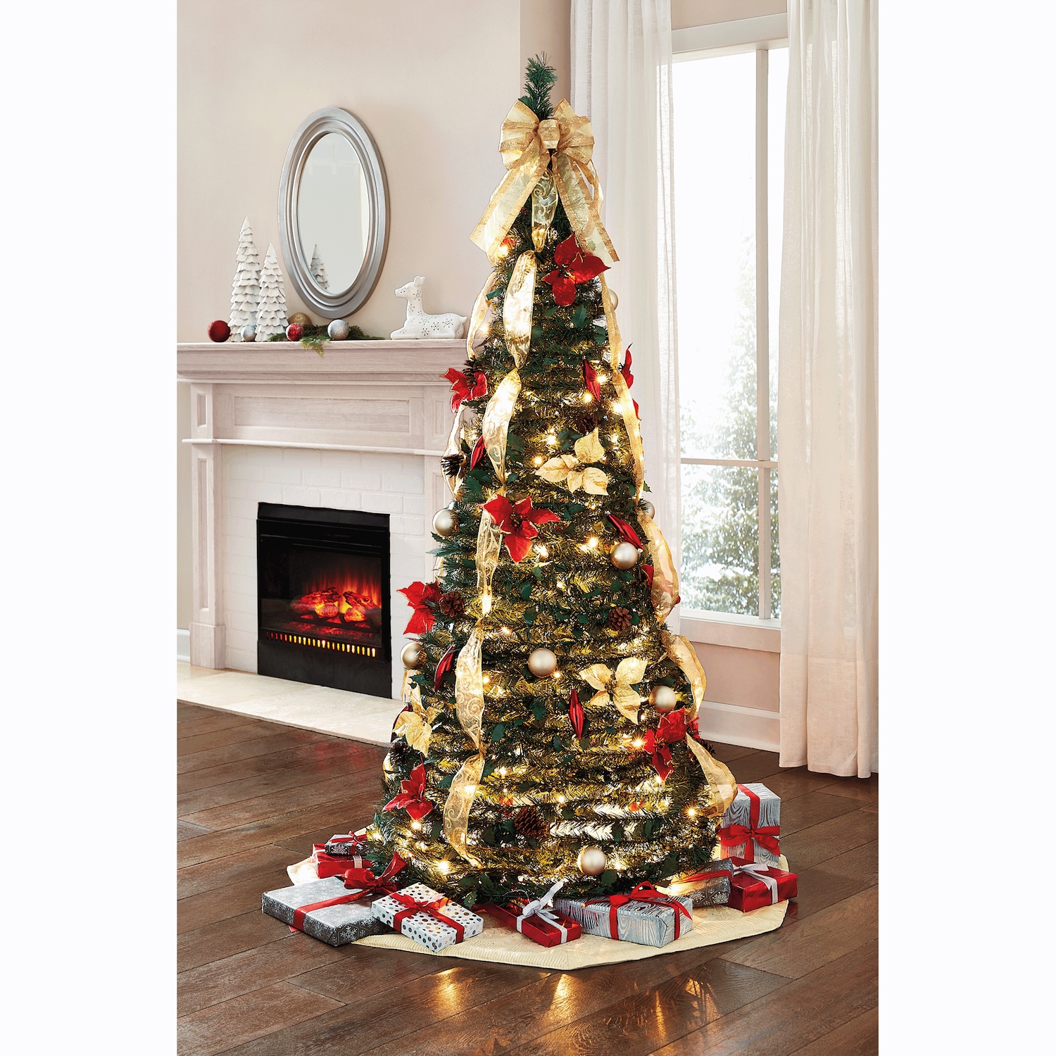 pre dressed christmas tree Naomi Home Vancouver 7.5ft Frosted Prelit Artificial with Pine Cones,Faux Berries, Foot Pedal, 1346 Branch Tips,550 Warm Lights & Metal metal hinged construction Natural Noel Living Christmas Tree