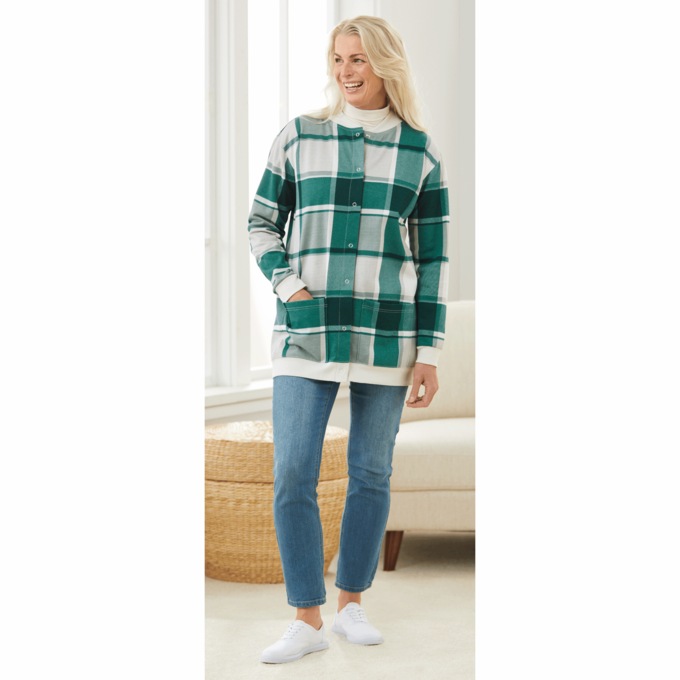 Snap-Front Cardigan, Tonal Plaid Print, large